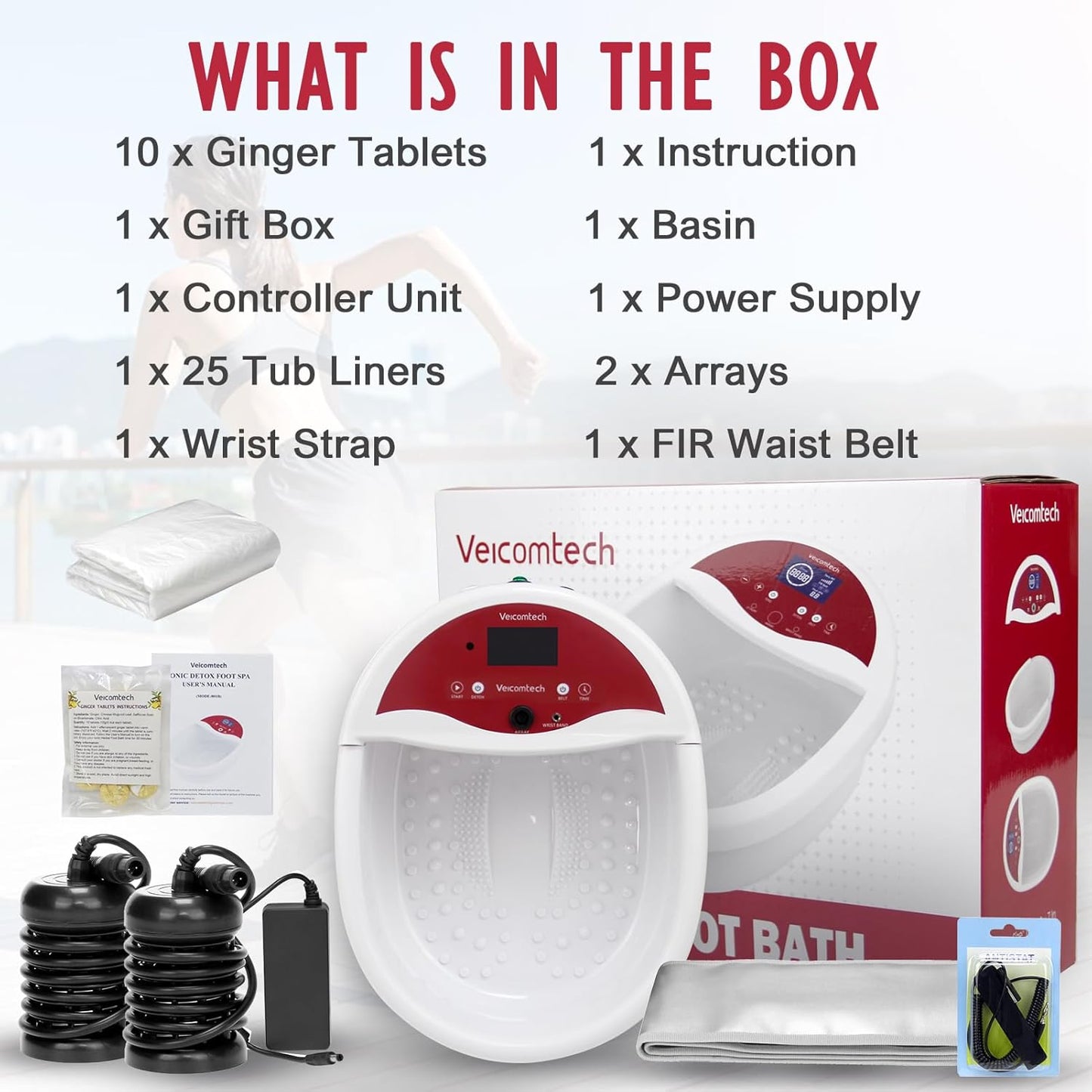 Veicomtech Ionic Foot Bath Detox Machine Foot Detox Machine Ionic Foot Spa Kit with 10 Ginger Tablets 2 Arrays FIR Belt for Home Salon Spa