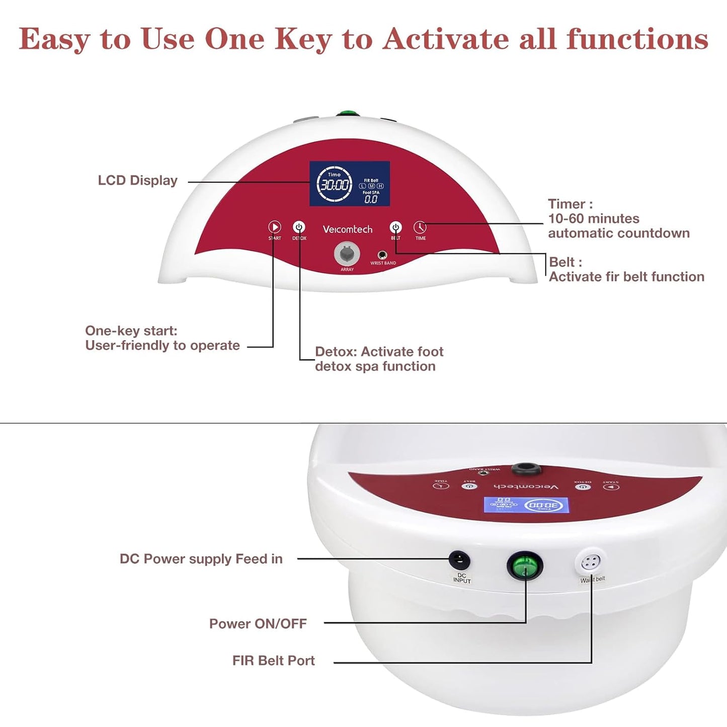Veicomtech Ionic Foot Bath Detox Machine Foot Detox Machine Ionic Foot Spa Kit with 10 Ginger Tablets 2 Arrays FIR Belt for Home Salon Spa