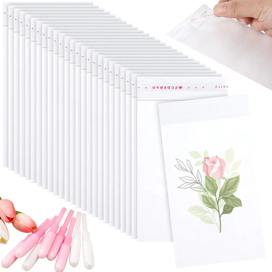Saypacck 100 Pcs Tampons Disposal Bags 5.91" x 3.15" Kraft Sanitary Napkin Bags Bulk White Feminine Hygiene Disposal Bags for Feminine Products with Self Adhesive Rose Pattern for Women Girls